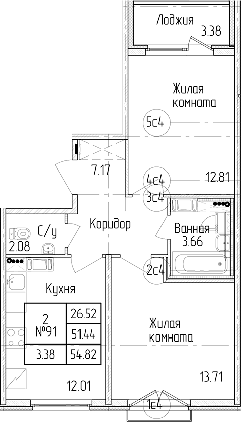 2-комнатная квартира 51.44 м², 3/4 эт., ЖК «Любоград в Стрельне»